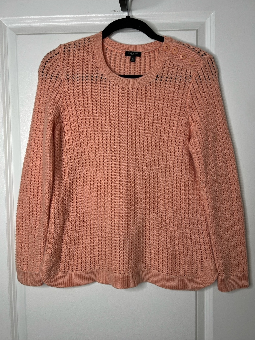 Talbots Petite Small Peach Crochet Knit Sweater Shoulder Buttons Wool Blend